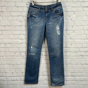 London Jean Women's Mid Rise Distressed Straight Leg Jeans,‎ Size 8, Medium Wash